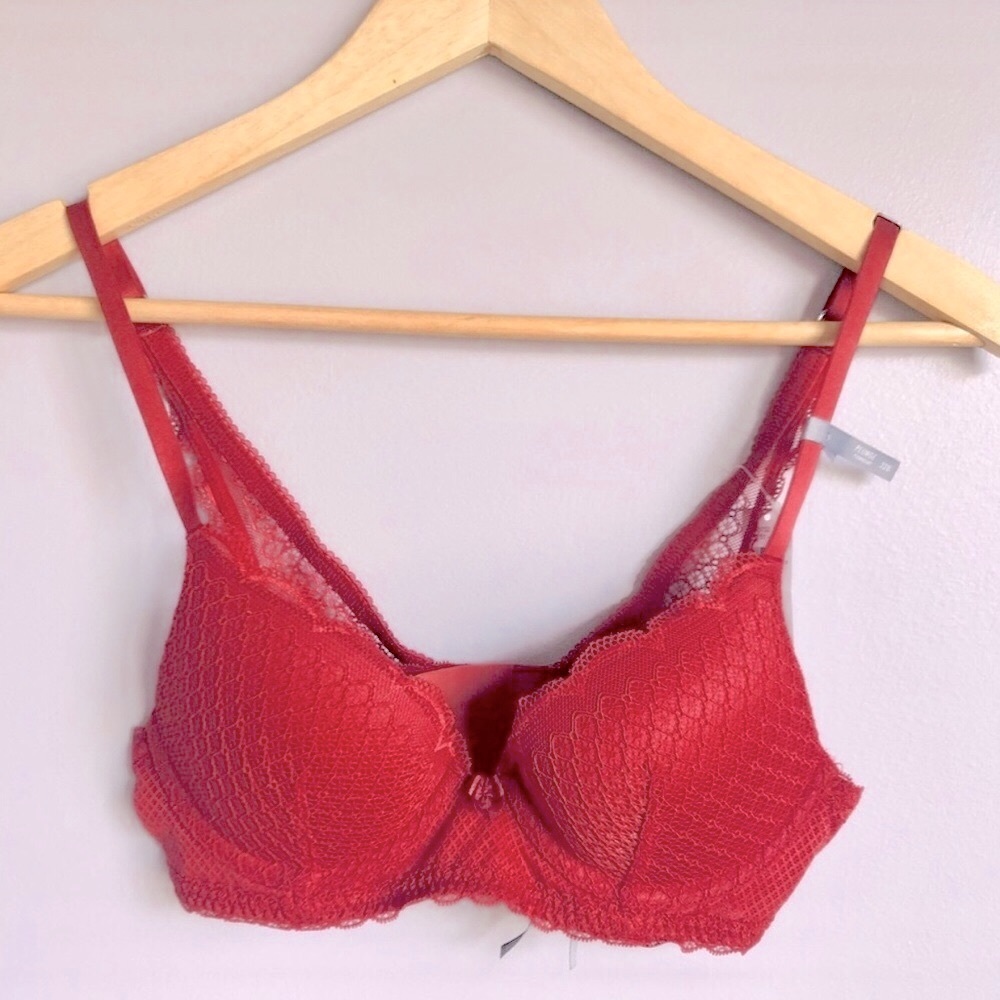 New Aerie American Eagle Brooke Longline Push Up Lace Burgundy Red Bow 32B Bra